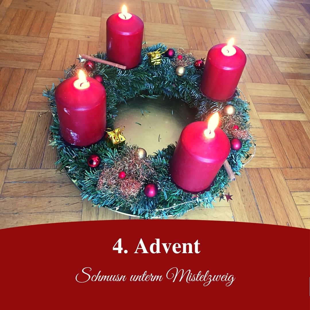 Bild für Folge Nummer 120 des bayerischen Podcasts Bayern Absolut. Ein geschmückter Adventskranz mit vier brennenden Kerzen.