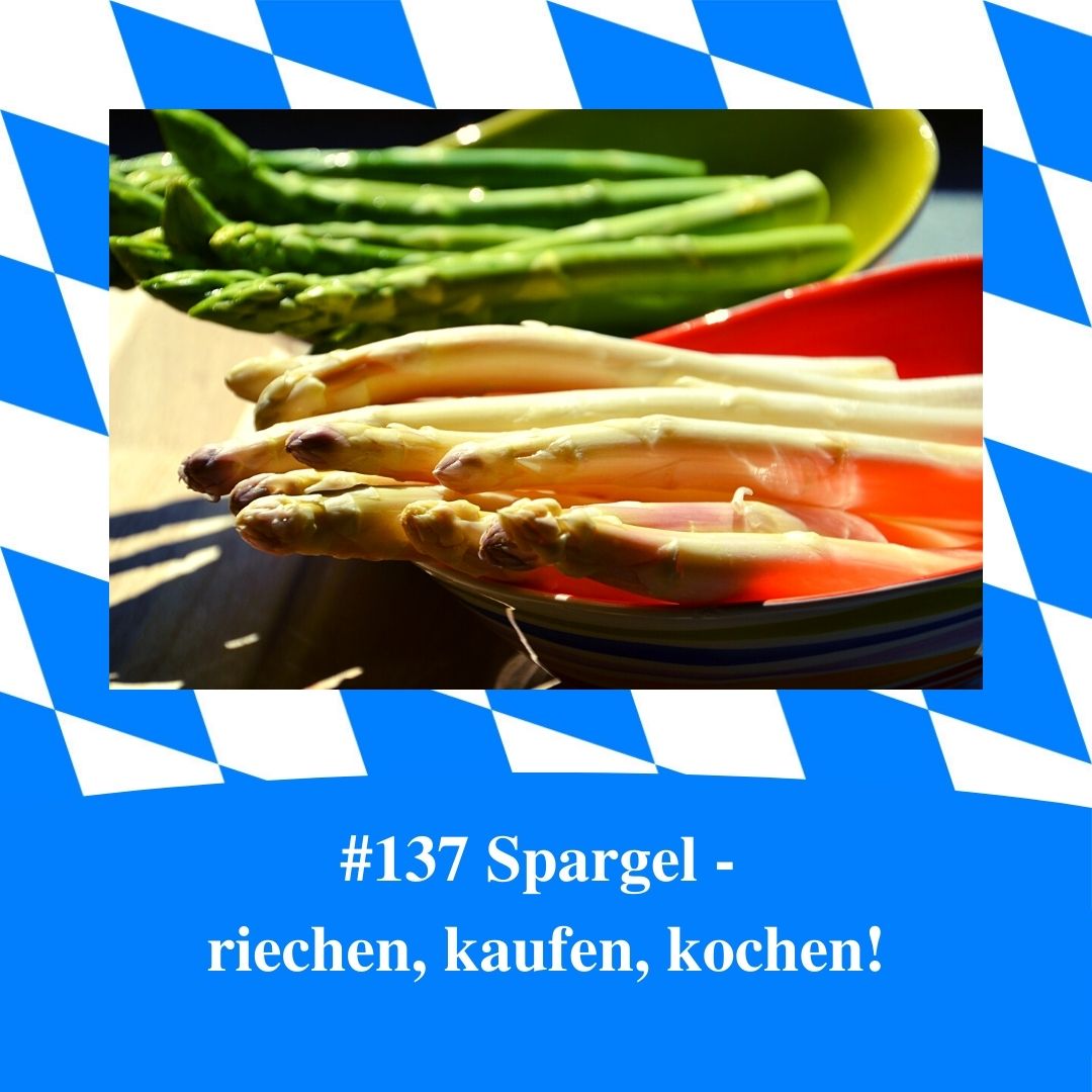 Bild für Folge Nummer 137 des bayerischen Podcasts Bayern Absolut. Spargelsaison in Bayern eröffnet. Es sind zwei Teller zu sehen. Auf dem einen liegt weißer Spargel und auf dem anderen grüner. Das Bild ist eingerahmt durch weiß-blaue bayerische Rauten.