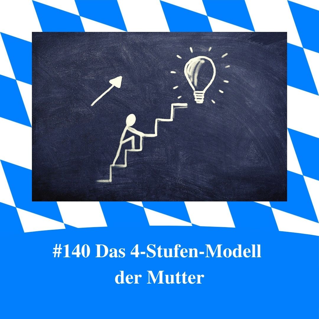Bild für Folge Nummer 140 des bayerischen Podcasts Bayern Absolut. Ein Kreidetafel auf der gezeichnet ist: Ein Strichmännchen, dass Stufen besteigt. Am Ende der Stufen ist eine Glühbirne. Das Bild ist umrahmt von weiß-blauen bayerischen Rauten.