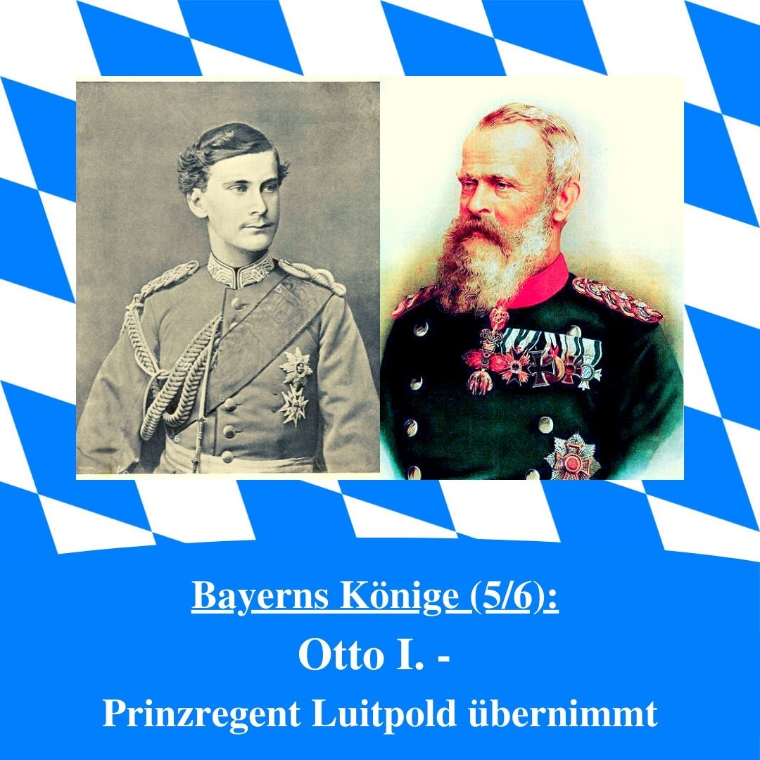 Bild für die Sonderfolge König Otto I. aus der sechsteiligen Serie Bayerns Könige des bayerischen Podcasts Bayern Absolut. Zu sehen ist links der König selbst und rechts der Prinzregent Luitpold. Das Bild ist umrahmt von weiß-blauen bayerischen Rauten.