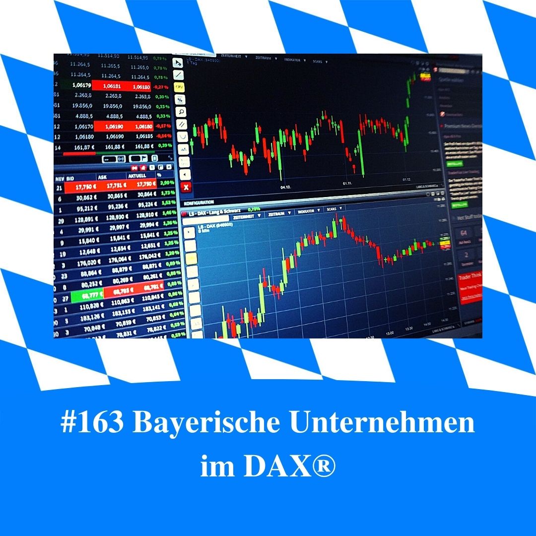 Bild für Folge Nummer 163 des bairischen Podcasts Bayern Absolut. DAX-Börsenkurse an einem Computermonitor. Das Bild ist umrahmt von weiß-blauen bayerischen Rauten.