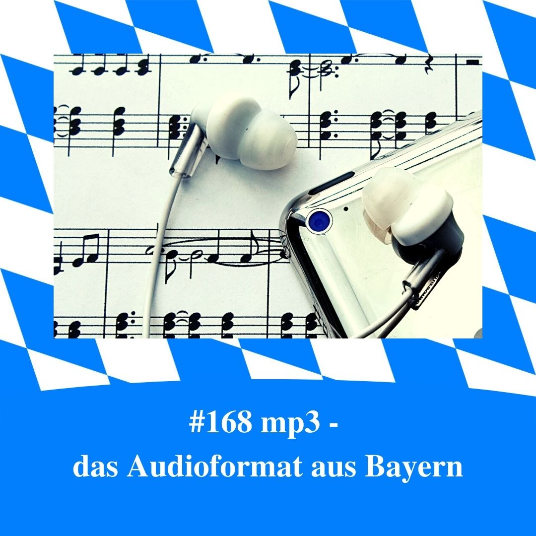Bild für Folge Nummer 168 des bairischen Podcasts Bayern Absolut. Ein iPod mit Kopfhörern liegt auf einem Notenblatt. Das Bild ist umrahmt von weiß-blauen bayerischen Rauten.