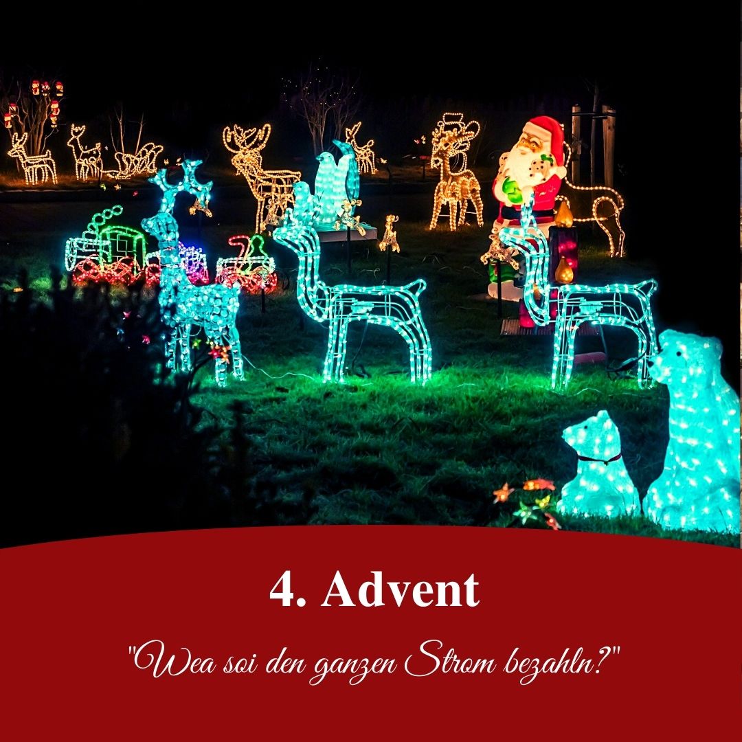 Bild für Folge Nummer 172 des bairischen Podcasts Bayern Absolut. Es ist der 4. Advent. Das Foto zeigt in einem Garten verschiedenste erleuchtete Weihnachtsfiguren wie Rentiere oder Santa Claus.