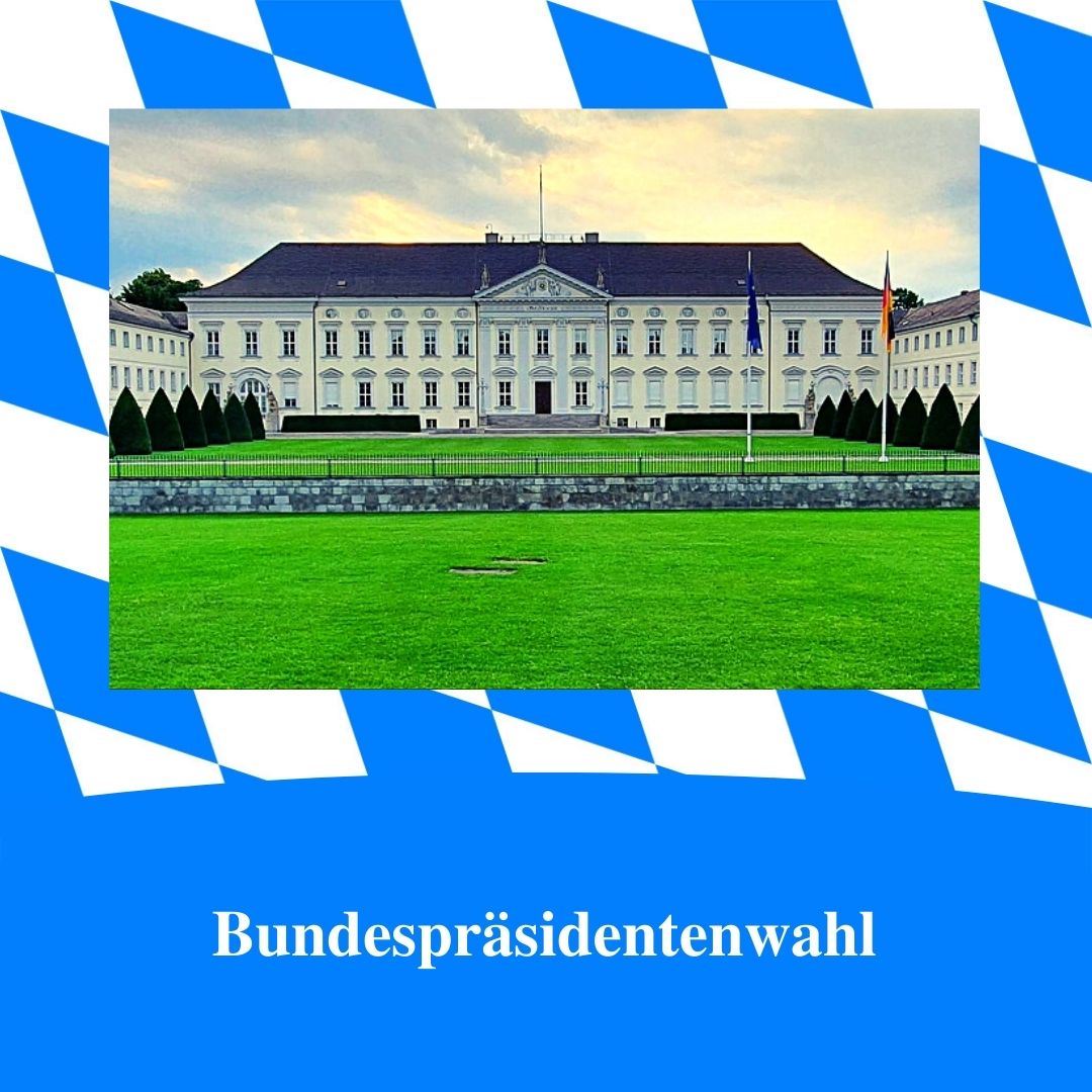 Bild für Folge Nummer 180 des bairischen Podcasts Bayern Absolut. In der Mitte ist ein Foto von Schloss Bellevue in Berlin, dem Sitz des Bundespräsidenten. Das Bild ist umrahmt von weiß-blauen bayerischen Rauten.