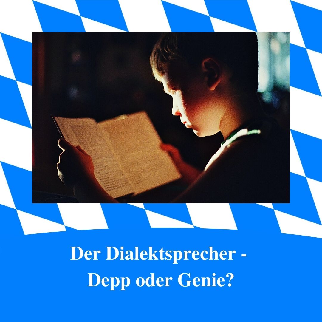 Bild für Folge Nummer 181 des bairischen Podcasts Bayern Absolut. Ein Junge liest im halbdunklen ein Buch. Das Bild ist umrahmt von weiß-blauen bayerischen Rauten. Im unteren Bereich steht der Titel der Podcast-Folge: “Der Dialektsprecher - Depp oder Genie?”