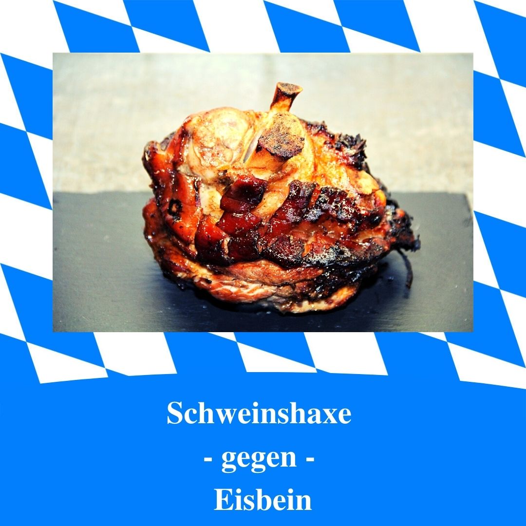 Bild für Folge Nummer 183 des bairischen Podcasts Bayern Absolut. Es ist eine kross gebackene Schweinshaxe zu sehen Das Bild ist umrahmt von weiß-blauen bayerischen Rauten. Im unteren Bereich steht der Titel der Podcast-Folge: “Schweinshaxe gegen Eisbein”