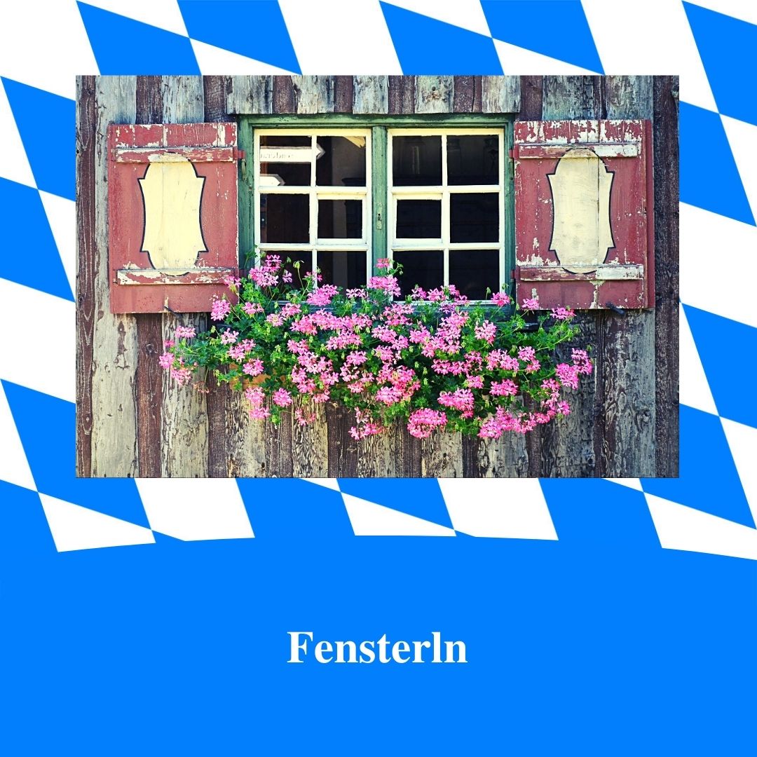 Bild für Folge Nummer 184 des bairischen Podcasts Bayern Absolut. Es ist ein Fenster mit üppigen Blumenkästen zu sehen. Das Bild ist umrahmt von weiß-blauen bayerischen Rauten. Im unteren Bereich steht der Titel der Podcast-Folge: “Fensterln - auf in luftige Höhen “